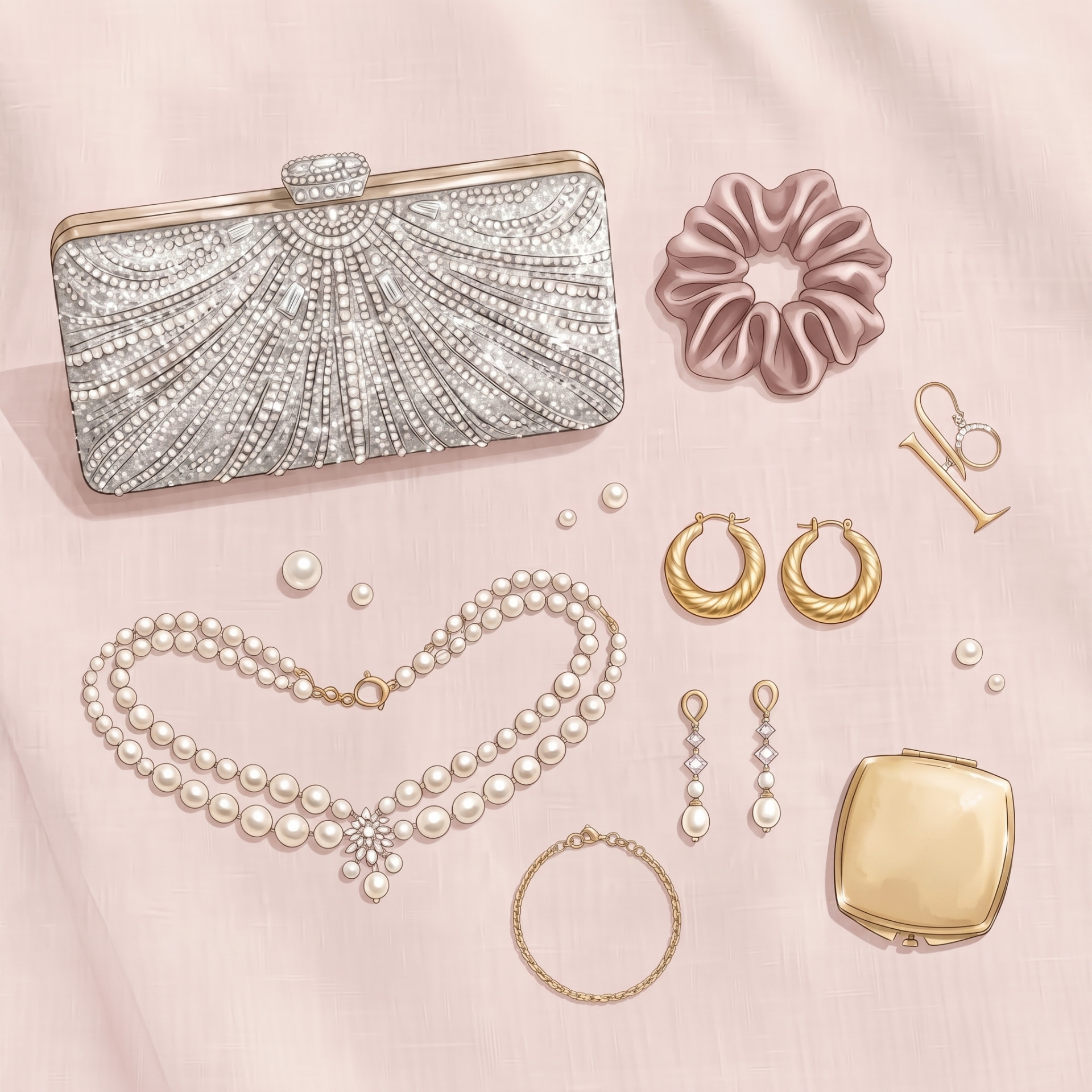 Ilustración de accesorios de fiesta: clutch, perlas y aros dorados