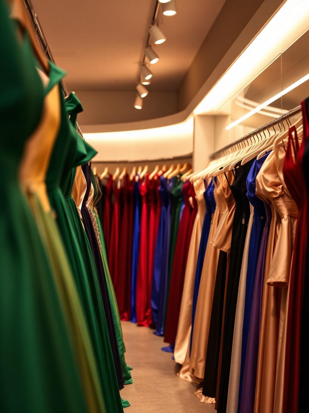 Vestidos de gala de diseñador colgados en una barra de bronce