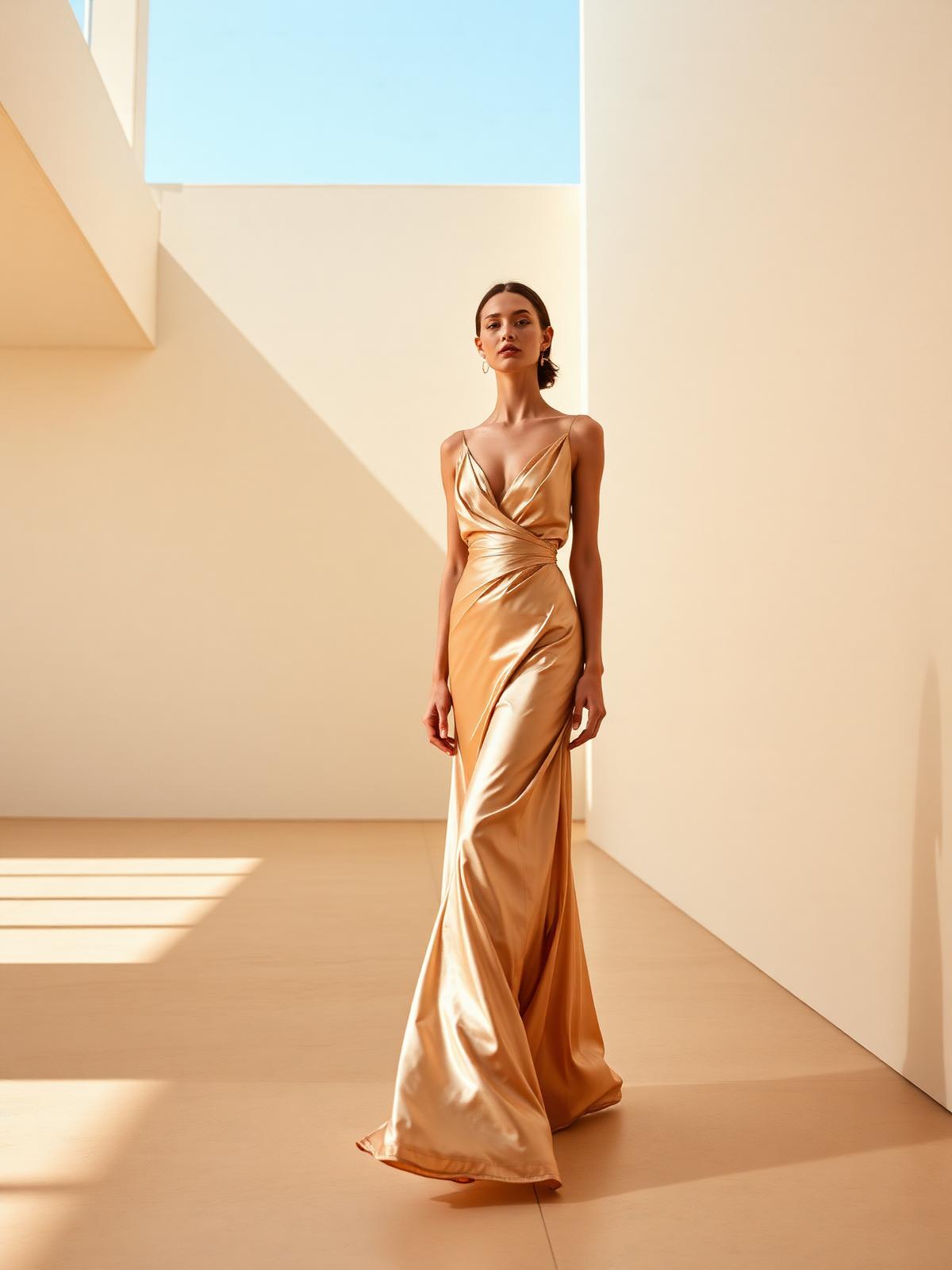 Invitada con vestido de seda champagne en un espacio arquitectónico iluminado